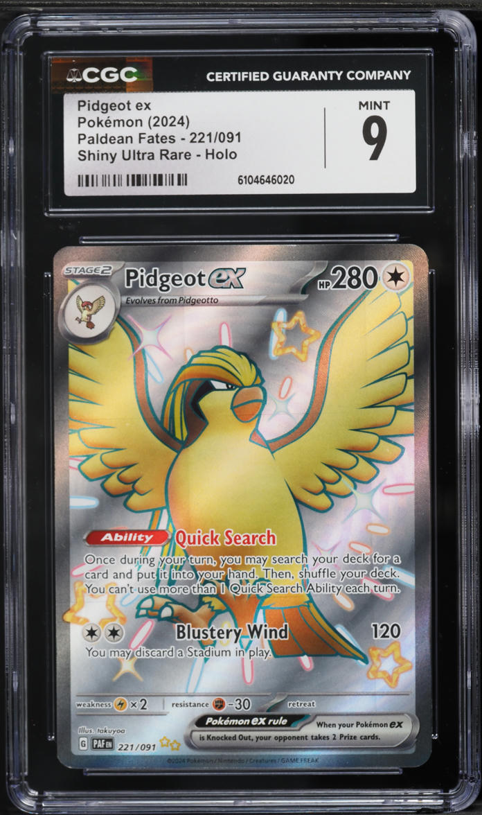 2024 Pokemon Scarlet & Violet Paldean Fates Full Art Shiny Pidgeot ex #221 CGC 9 MINT