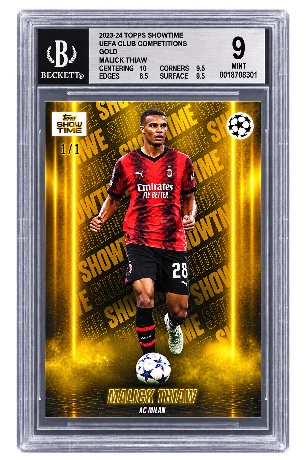 Malick Thiaw 2023-24 Topps Showtime UEFA Club Competitions Gold 1/1 – BGS 9